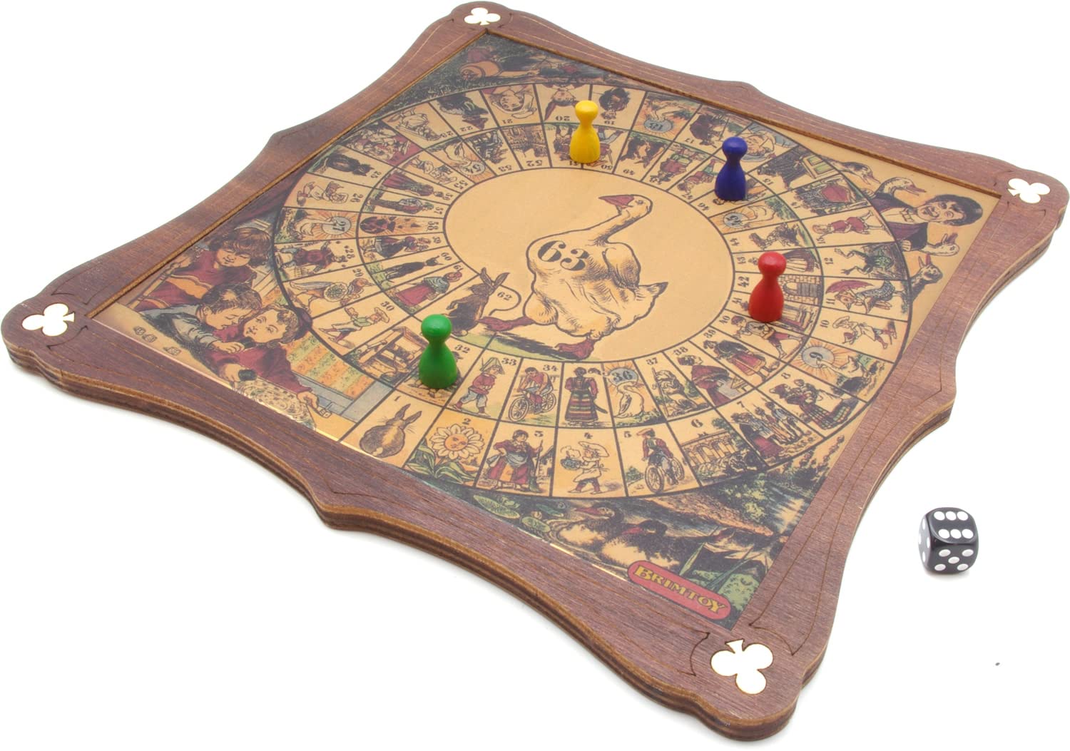 Brimtoy Traditional Game of Goose - Replica of Historical Family Wooden Dice Board Game - Handmade in the UK - 2-4 Players
