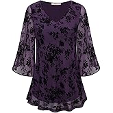 Bebonnie Womens Ruffle 3/4 Sleeve V Neck Double Layers Mesh Blouses Loose Fit Flowy Tunic Tops