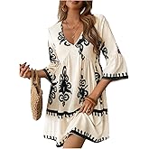 MakeMeChic Women's Tropical Print Mini Dress Ruffle Half Sleeve V Neck Beach Vacation Short Dresses