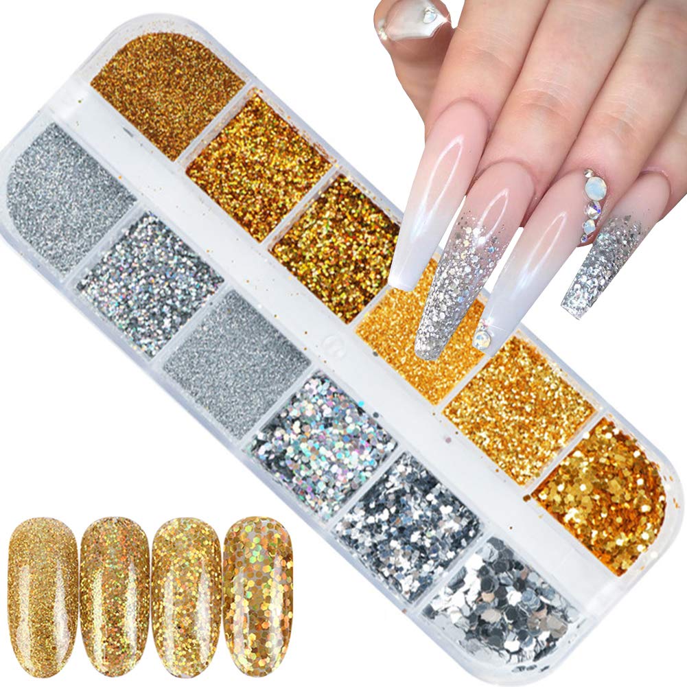 Nail Glitter Powder Holographic Nail Sequins Laser Effect Gold Silver Nail Glitter Flakes 3D Nails Supply Sparkle Manicure Nail Art Design Glitter Dust Acrylic Nails Art Decorations (1 Boxes)