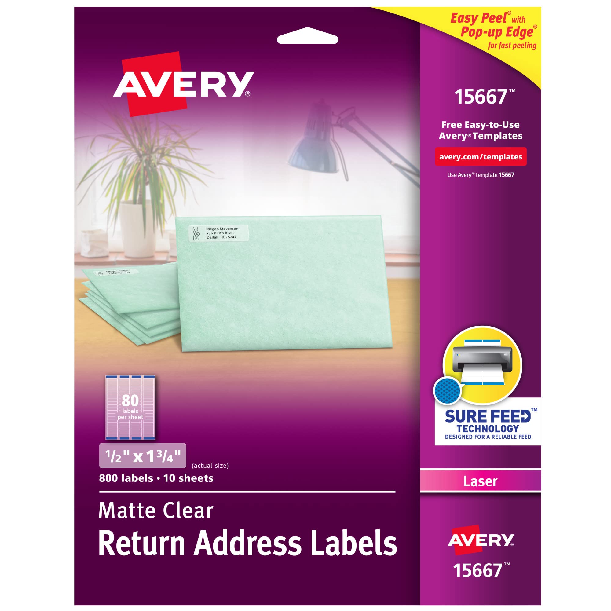 Avery Matte Clear Return Address Labels, Sure Feed Technology, Laser, 1/2" x 1-3/4",800 Labels,5 Packs (15667) Image Avery Matte Clear Return Address Labels, Sure Feed Technology, Laser, 1/2" x 1-3/4",800 Labels,5 Packs (15667) Image