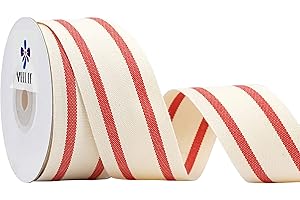 MEEDEE Natural Cotton Stripes Fabric Ribbon 1-1/2 inch Red and White Stripe Ribbon for DIY Crafts, Gift Wrapping Home Decor Sewing (10 Yards)