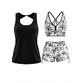 Modlily Classic 3 Piece Tankini Swimsuits for Women, Solid Tank Top & Plants Print Sports Bra with Drawstring Board Shorts