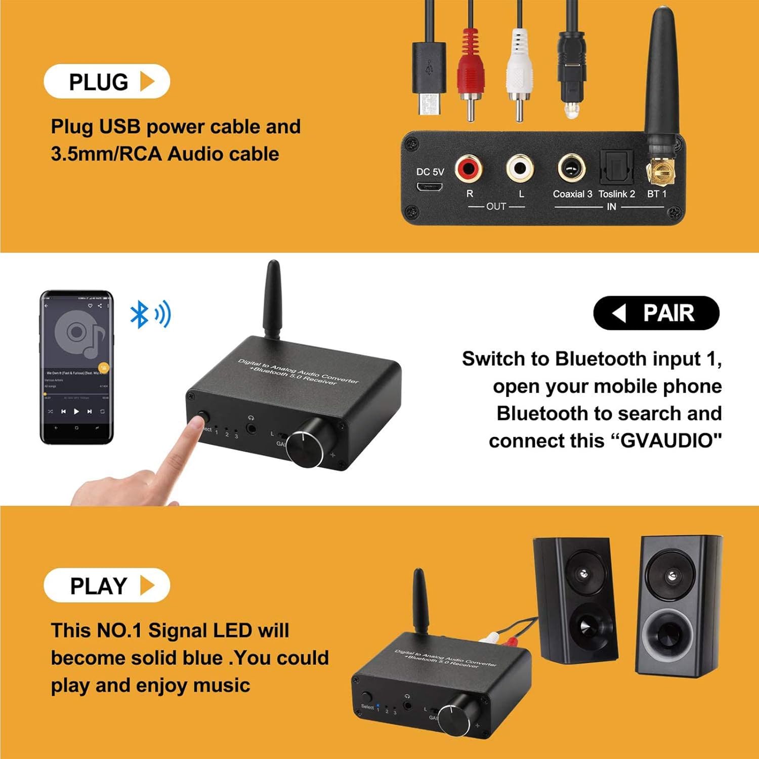 192kHz Digital to Analog Converter Bluetooth 5.0 Receiver DAC with 16-300Ω Headphone Amplifier Optical/Coaxial to RCA 3.5mm Audio Output with Volume Control for TV Phone Tablet: Home Audio & Theater