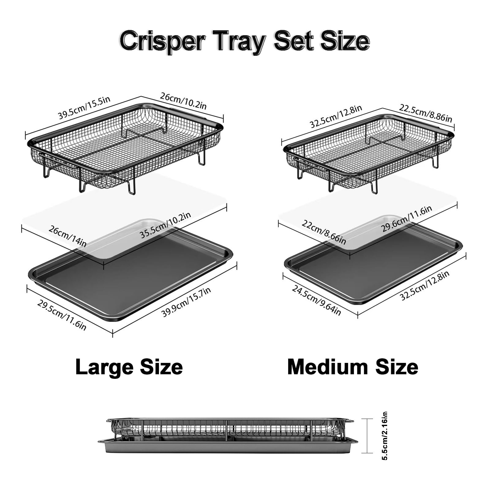 Air Fryer Basket for Oven, 2 Set Air Fryer Basket and Tray Set with 60 Sheets Parchment Papers,THORSES Stainless Steel NonStick Air Fryer Pan and Crisper Tray-Black Large15.7“×11.6” & Medium12.8