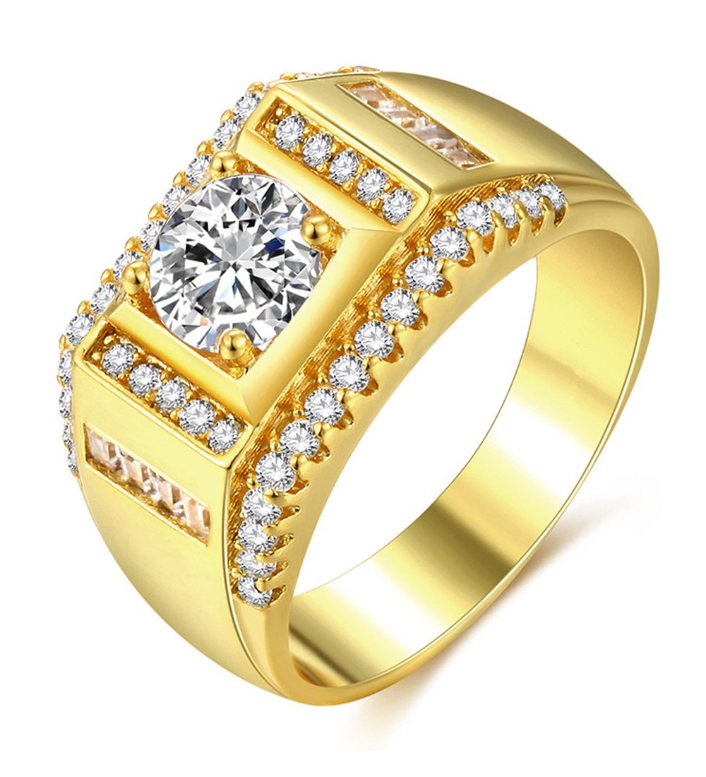 Mens Gold Rings Cubic Zirconia Men's Jewelry Signet with Gold Plated Wedding Band Ring