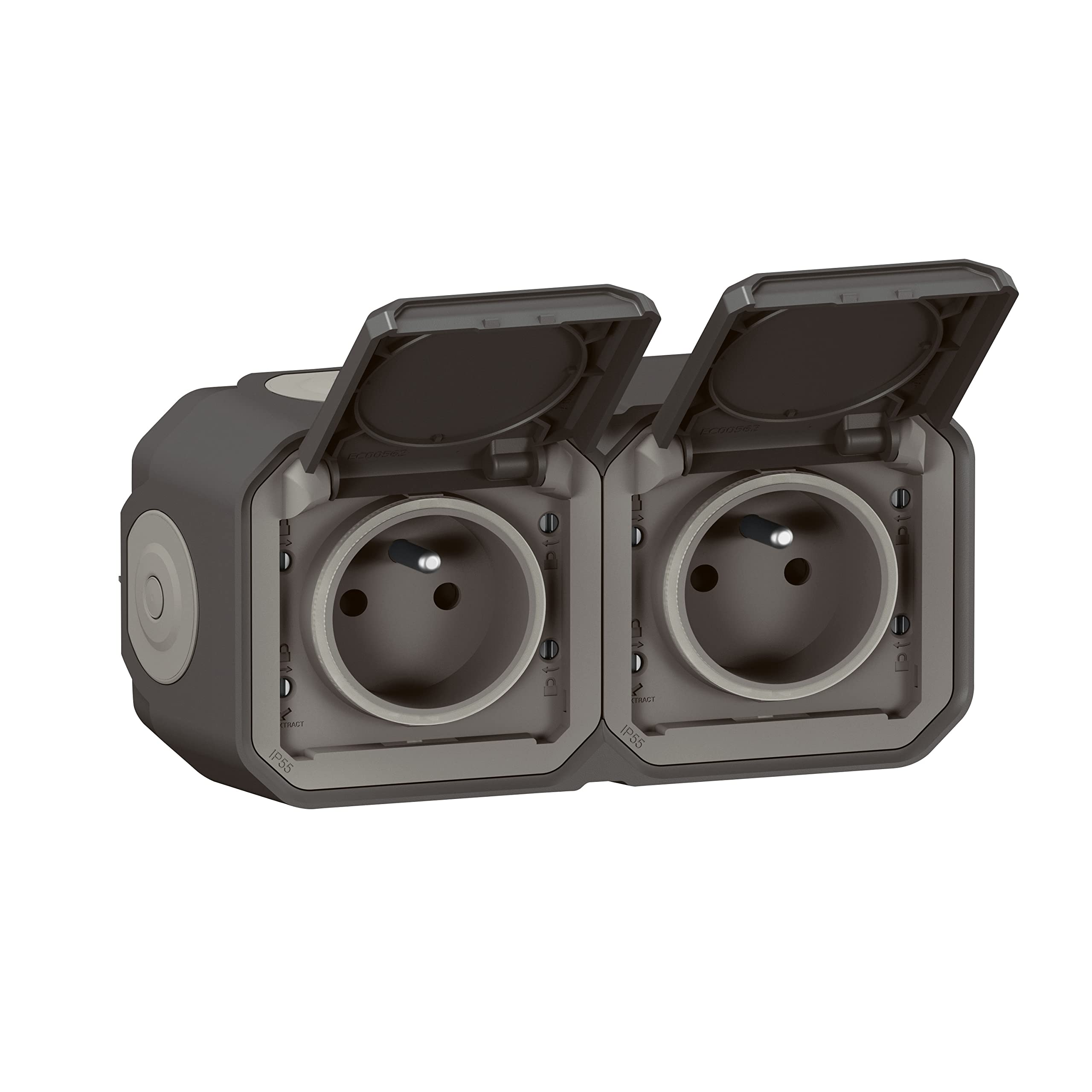 LEGRAND Waterproof Double Socket IP55 with Earth Plexo - Socket 2P + T 16 A Complete with Flap - Surface Mount - Horizontal Mounting - Made in France - Anthracite