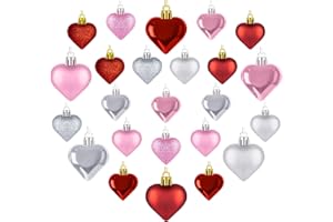 MELISHEER 24pcs Valentines Day Heart Ornaments, Classic Red Pink Silver Heart Shaped Hanging Baubles with 2 Sizes, Valentine's Day Heart Decorations for Tree, Love Hanging Decor for Outdoor Wedding Party Decor