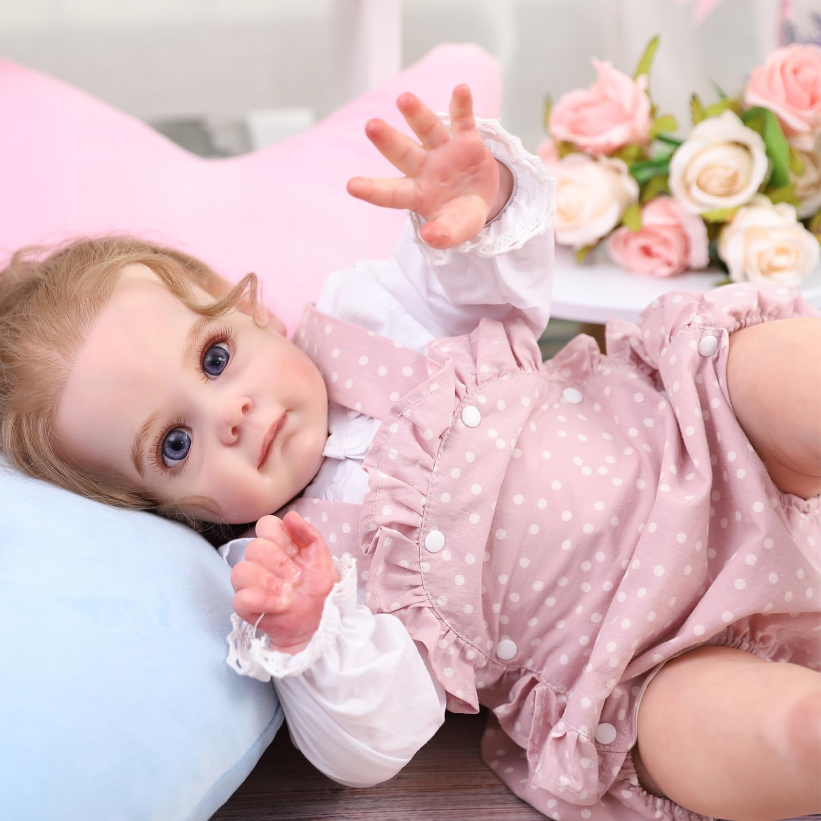 truly soft Realistic Baby Girl Doll, White Dress with Pink Polka Dots, 50 cm 20 inches Reborn Baby Dolls Realistic Handmade Boys & Girls Toy Gifts Reborn Babies Christmas Gifts Suitable for 3 years +