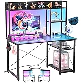 Cyclysio Gaming Desk with Hutch, 39'' Computer Desk with LED Lights & Power Outlets, Home Office Desk with Reversible 5 Tiers Storage Shelves & Monitor Stand, Small Gaming Table for Small Space, Black