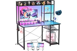 Cyclysio Gaming Desk with Hutch, 39'' Computer Desk with LED Lights & Power Outlets, Home Office Desk with Reversible 5 Tiers Storage Shelves & Monitor Stand, Small Gaming Table for Small Space, Black
