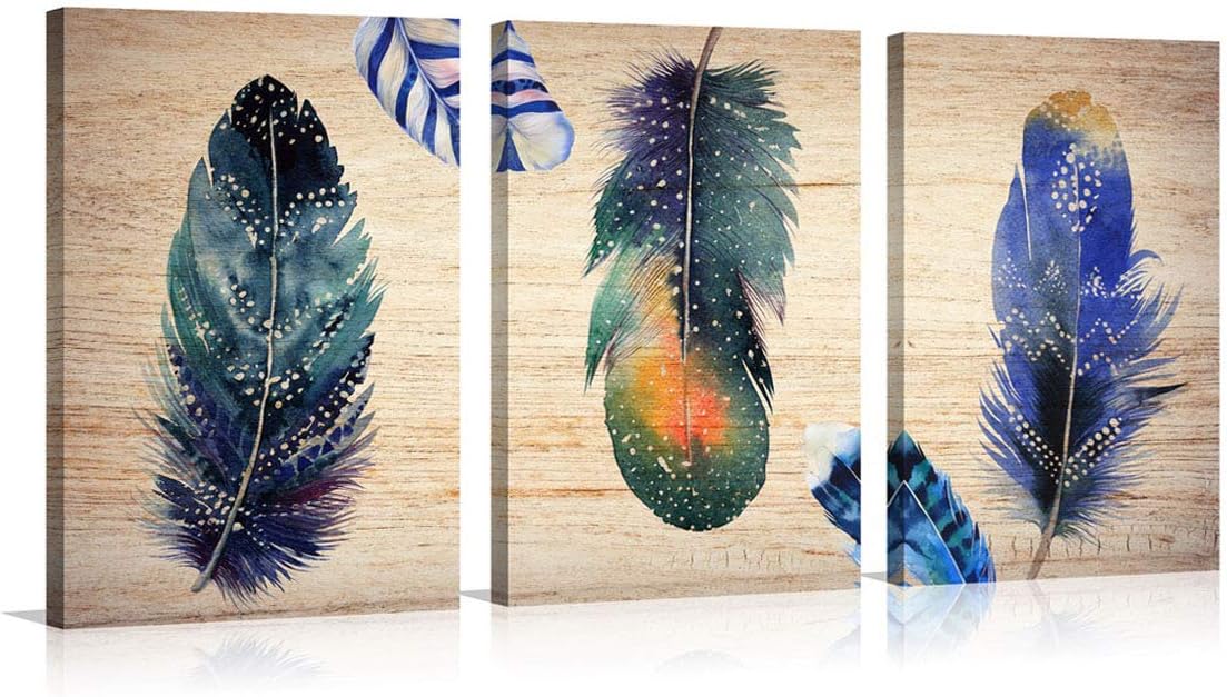 3 Panels Animal Feather Wall Art - Abstract Wood Texture Brown Artwork - Living Room (Feather, 16x24in)