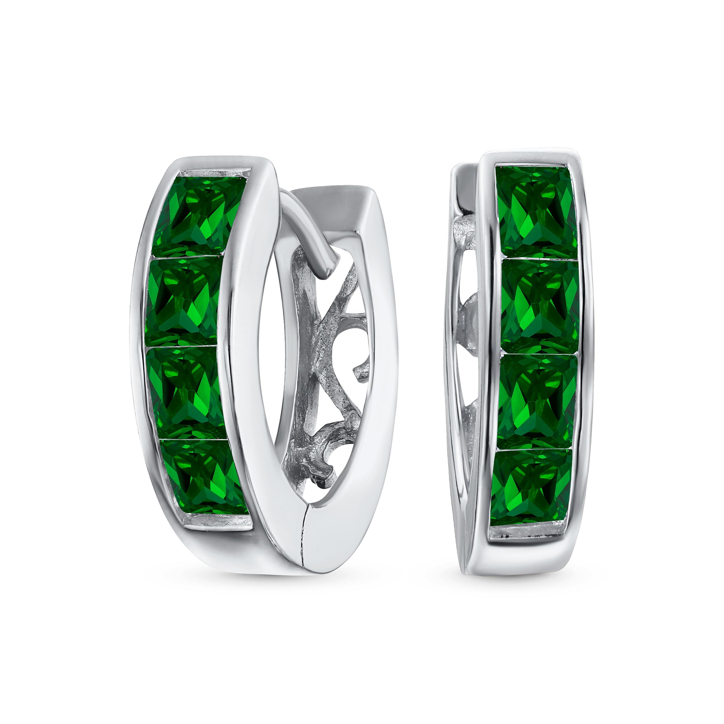 Tiny Small Square Princess Cut Simulated Emerald Green CZ Channel Set K-pop Huggie Hoop Earrings For Women Men Cubic Zirconia .925 Sterling Silver