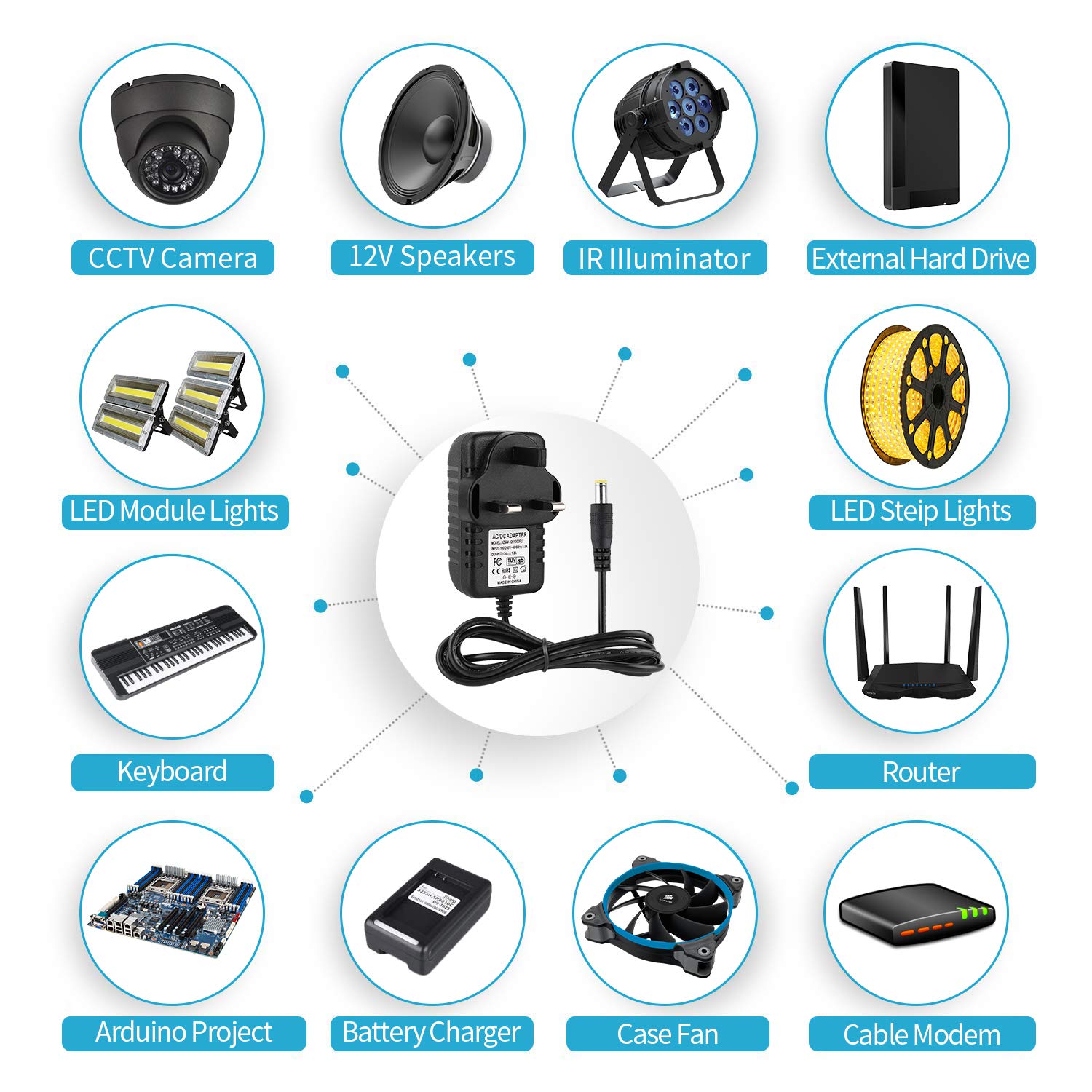 EFISH LED Lighting Power Supply,12V 1A 12W Power Adapter with 9 Selectable Adapter Conversion Heads