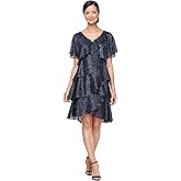 S.L. Fashions Womens V-Neck Tiered Boudre Cocktail Dress with Crystal Beaded Detail, Wedding Guest Gown (Plus Size)