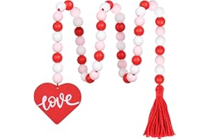 MEPLAIT Valentine's Day Wood Beaded Garland with Tassel, Valentines Day Decor Farmhouse Rustic Beads Garland with Red Heart for Wall Hanging Home Decorations