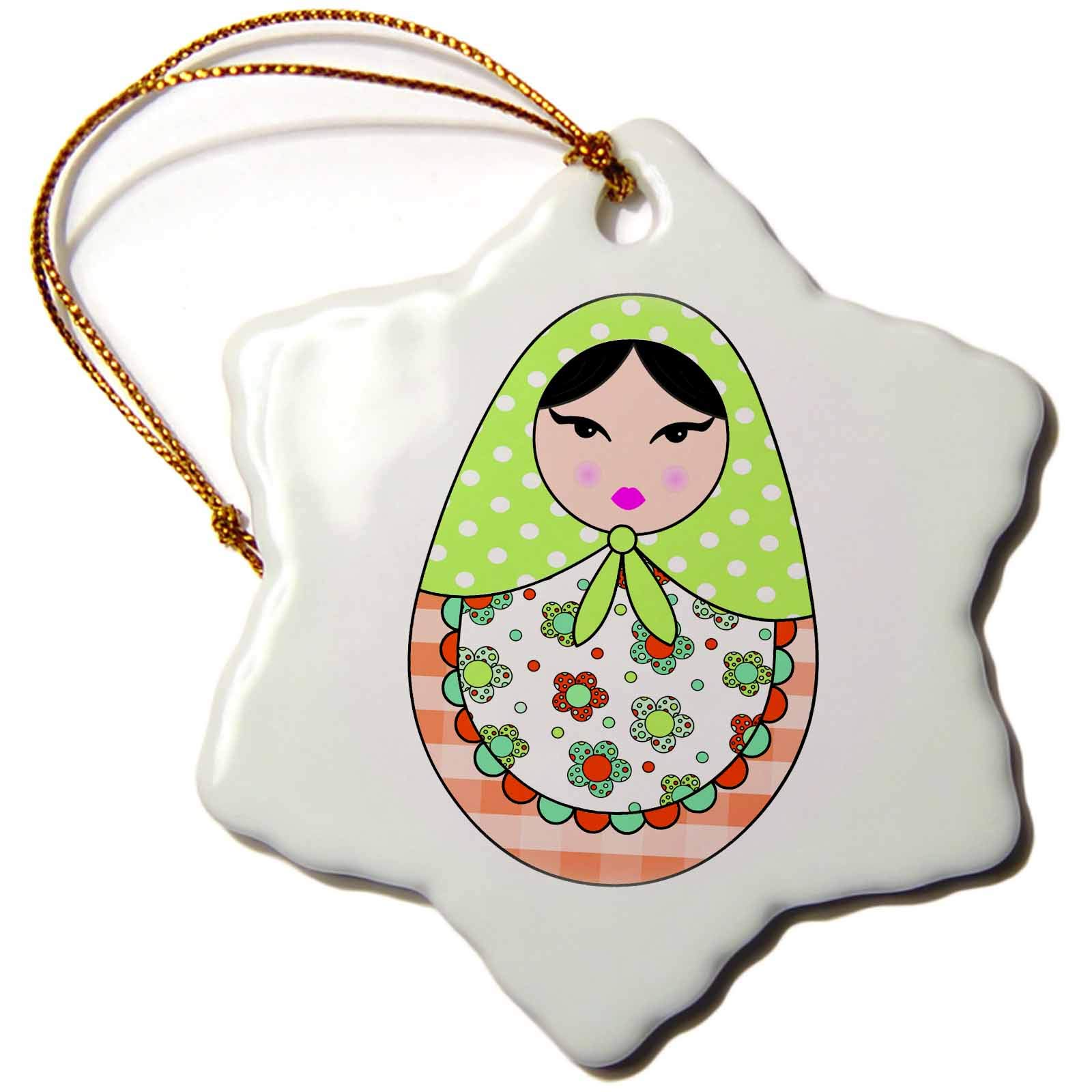 3 inch Snowflake Porcelain Ornament - Cute Russian Matryoshka Nesting Doll Black Hair - Warm Colors White Designs Dolls