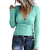 KINLONSAIR Women Casual Long Sleeve Tunic V-Neck Slim Fit T Shirts Basic Tee Tops Crew Neck Ribbed Knit Solid Shirt