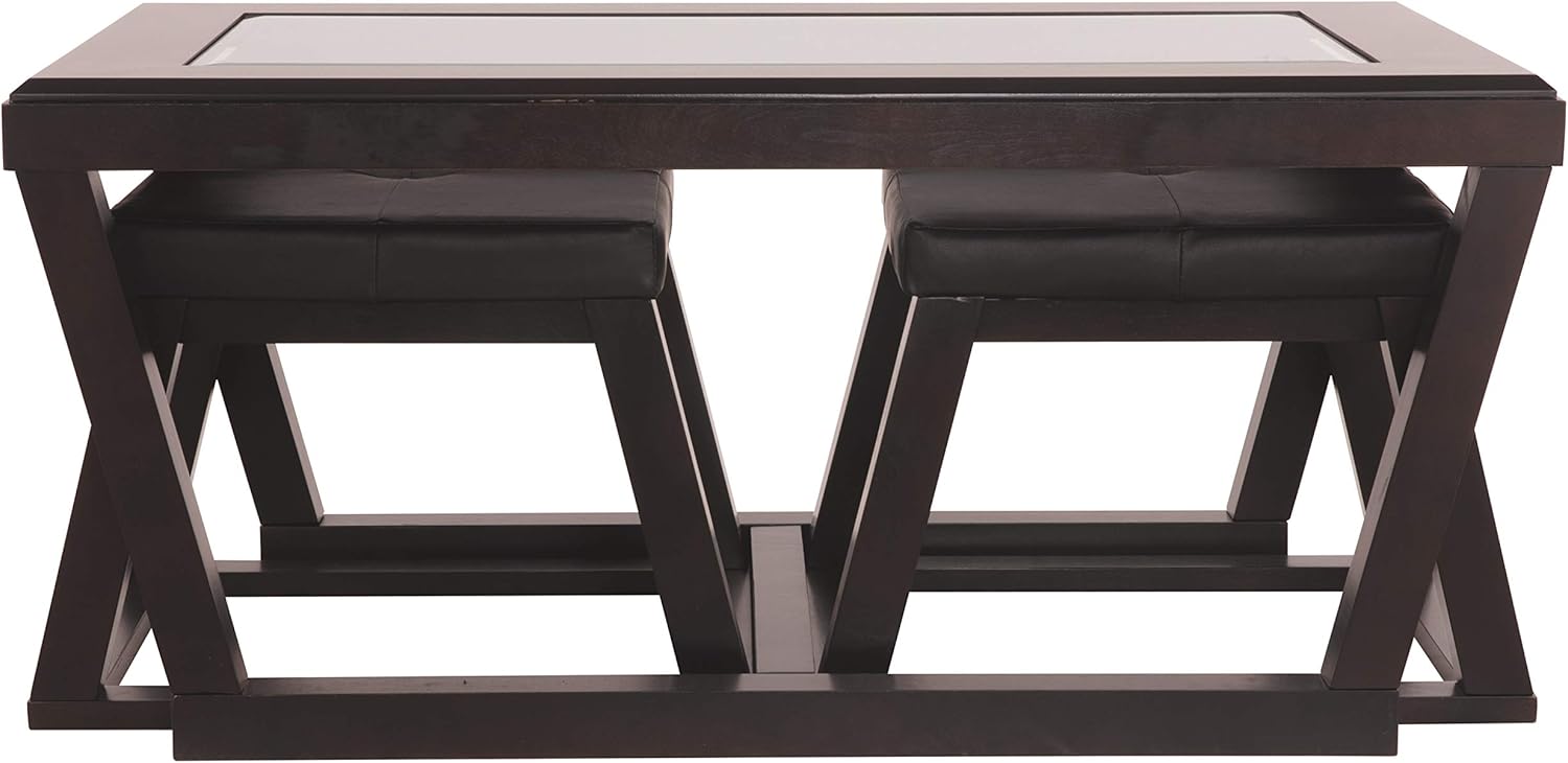 Signature Design by Ashley - Kelton Glass Top Coffee Table with 2 Stools - 3 Piece Set, Espresso Brown: Furniture & Decor