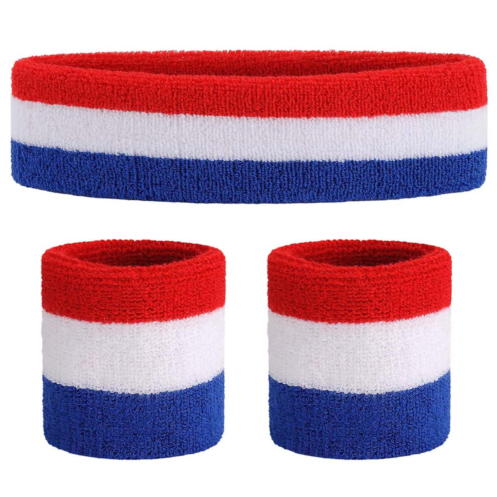 ONUPGO Sweatband Set (3 Pieces) Sports Headband Wrist Striped Sweatbands Terry Cloth Wristband Athletic Exercise Basketball Wrist Sweatband and Headbands Moisture Wicking Sweat Absorbing Head Band