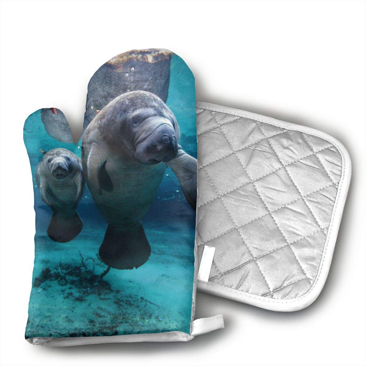 Ksiwo Ocen Life Under Water Sea Animal Manatee Oven Mitts and Pot Holders Heat Resistant Gloves to Oven Gloves for Safe BBQ Cook Baking Grilling