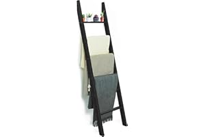 TIDYFY 6 Tier Wooden Blanket Ladder - Rustic Style Quilt Ladder for Blankets - Blanket Rack for Wall - Blanket Holder - Farmhouse Decor Accent Furniture for Living Room (Black, 6 Tier)