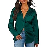 CBOO Women Elegant Satin Blouses Shirts, Soft Silk Shirts Top, Satin Button Down Shirts