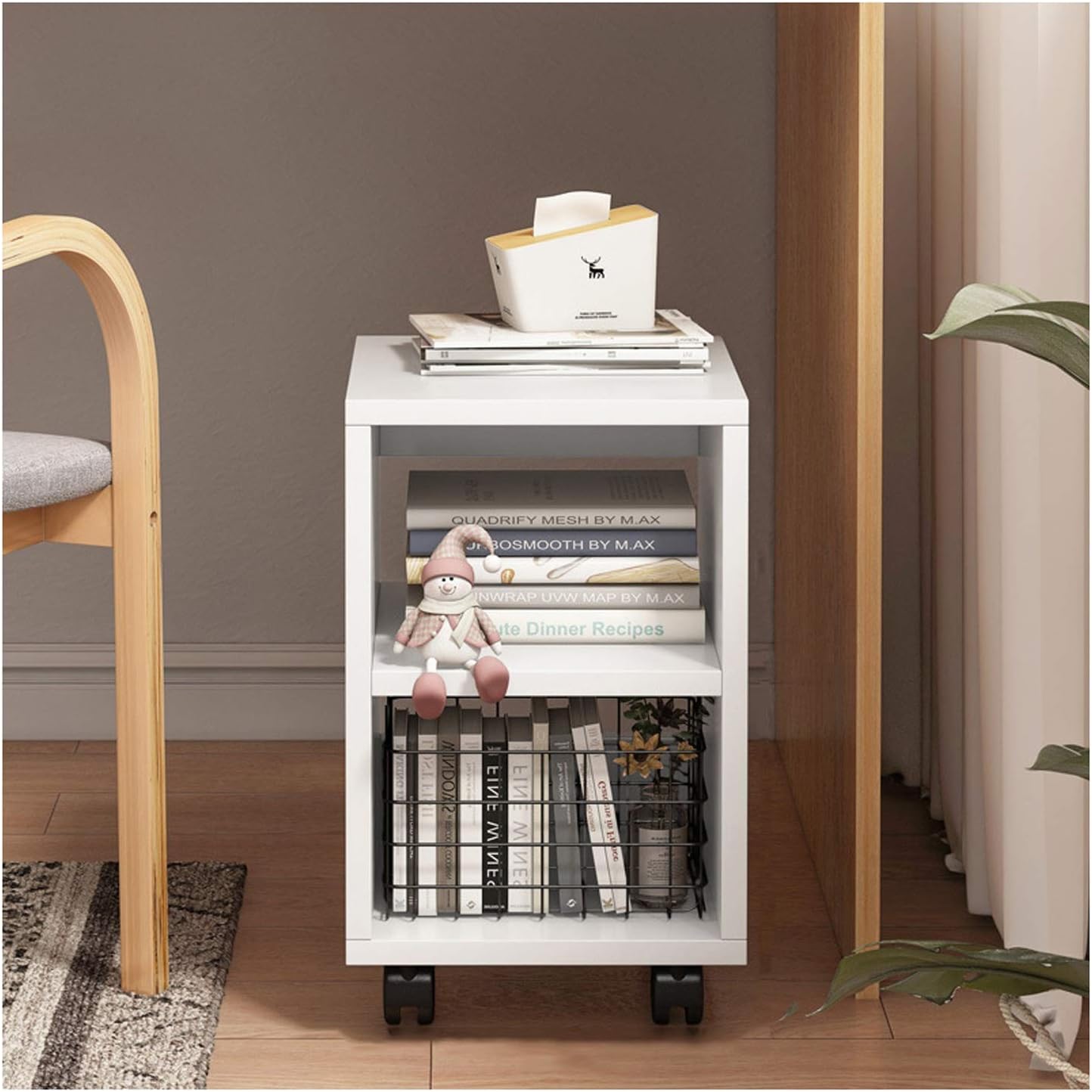 Bookcase Wood Book Cart Rolling Storage Organizer with Wheels Open Wood