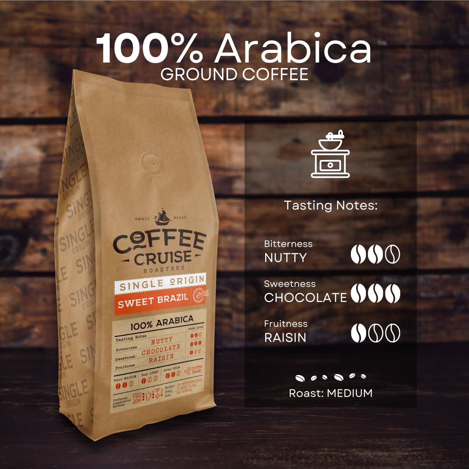 COFFEE CRUISE Sweet Brazil Brasilianische Kaffeebohnen 1kg - Mittlere Röstung - Aroma Kakao und Schokolade - Für Alle Kaffeemaschinen - 100% Arabisch 2