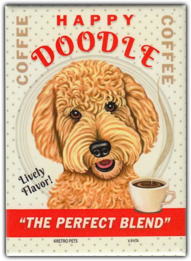 Retro Pets Refrigerator Magnet - Happy Doodle Coffee, Goldendoodle (Golden Retriever, Poodle) - Vintage Advertising Art - 2.5" x 3.5"