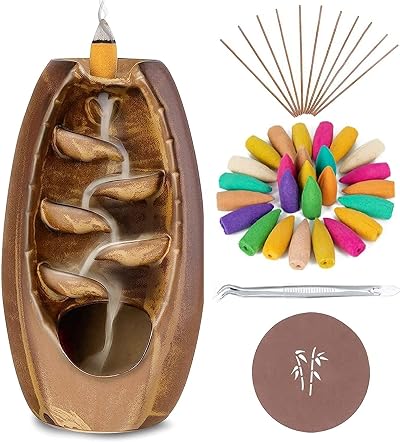 Anbar Backflow Incense Burner with 120 Cones 30 Sticks Tongs Table Mat Brown