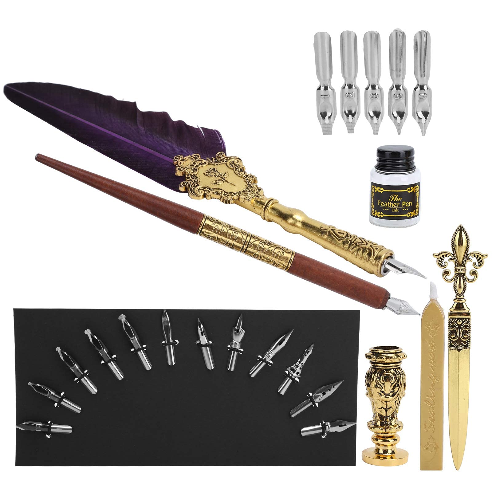 Feather Pen, Vintage Quill Dip Pen Calligraphy Kit with 12pcs Fancy Nibs and 5pcs Art Nibs for Writing Drawing Craft Collection(#3)