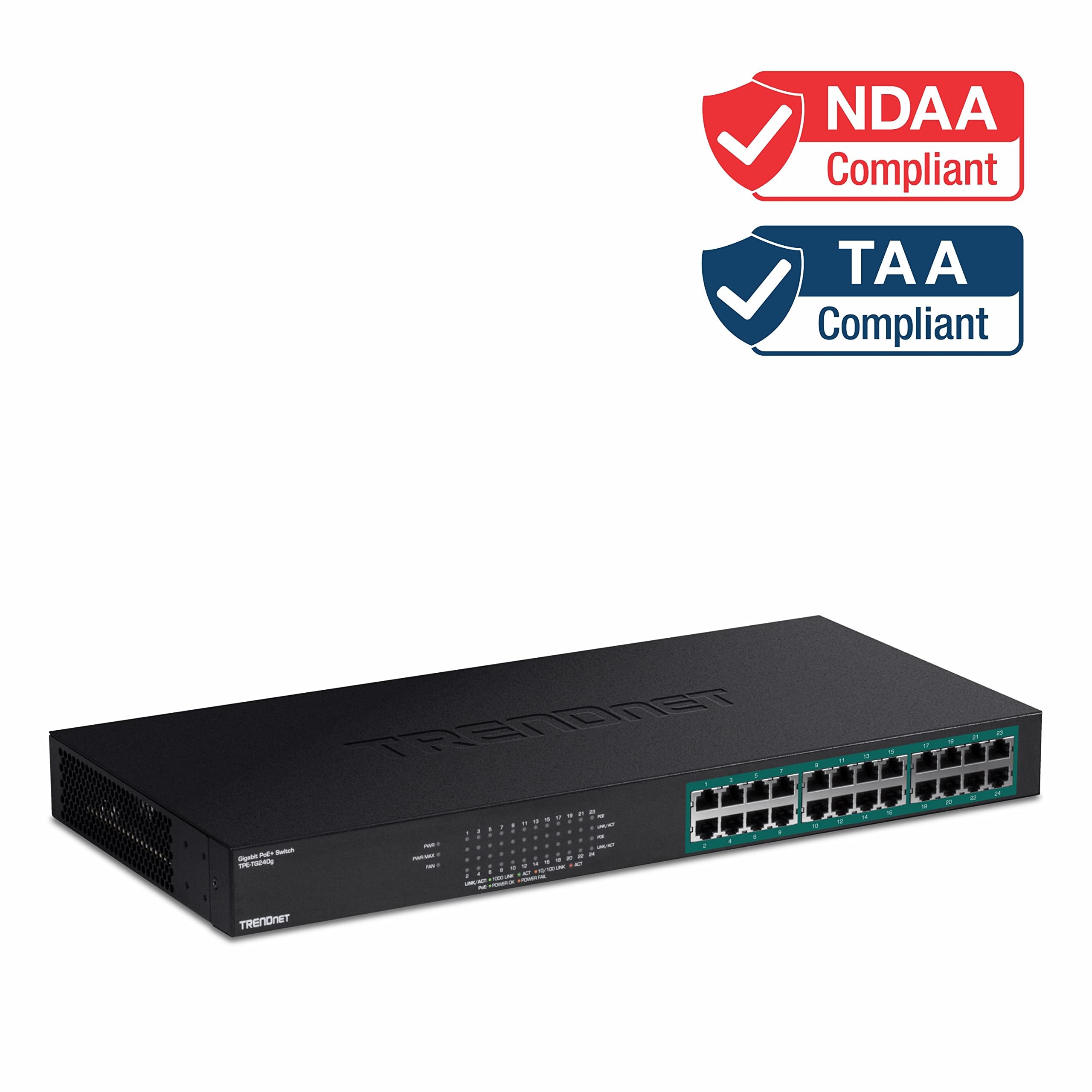 TRENDnet 24-Port Gigabit PoE+ Switch, 24 x Gigabit PoE+ Ports, 370W Power Budget, 48Gbps Switch Capacity, RackMount Kit Included, Ethernet Network Switch, Metal, Lifetime Protection, Black, TPE-TG240G