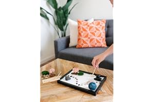 RILEY AND JUNE Zen Garden Japanese Decor – Unique Mini Desktop Garden with Sand, 3 Bamboo Tools, 9 Accessories – Room Decor for Office, Home, Meditation