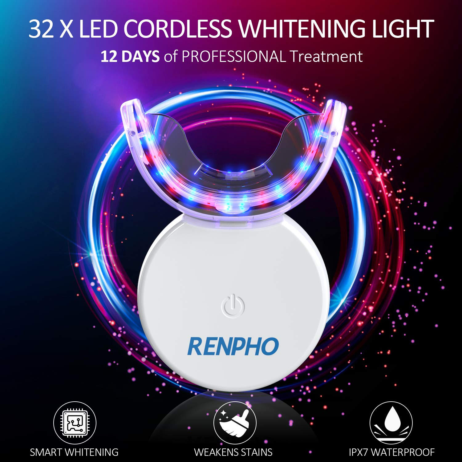 Teeth Whitening Kit with Led Light, RENPHO 32LED Accelerator Light Teeth Whitening Kit for Sensitive Teeth Whitener, 3X4ml Non-Sensitive Gels, 35% Carbamide Peroxide, Mouth Tray, Built-in Battery: Beauty