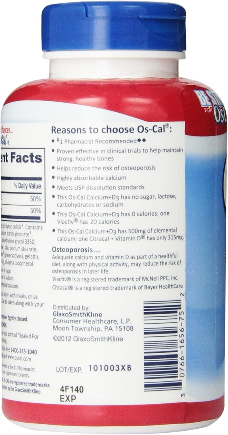 Os-Cal Calcium + D3 500 mg Calcium Supplement with 200 IU Vitamin D3 to Help Maintain Strong Bones, Coated Caplets - 210 Count: Health & Personal Care