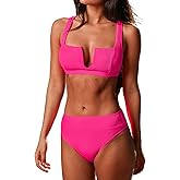 CUPSHE Women's Bikini Sets Two Piece Swimsuit High Waisted Bathing Suit U Wire Adjustable Wide Straps Textured