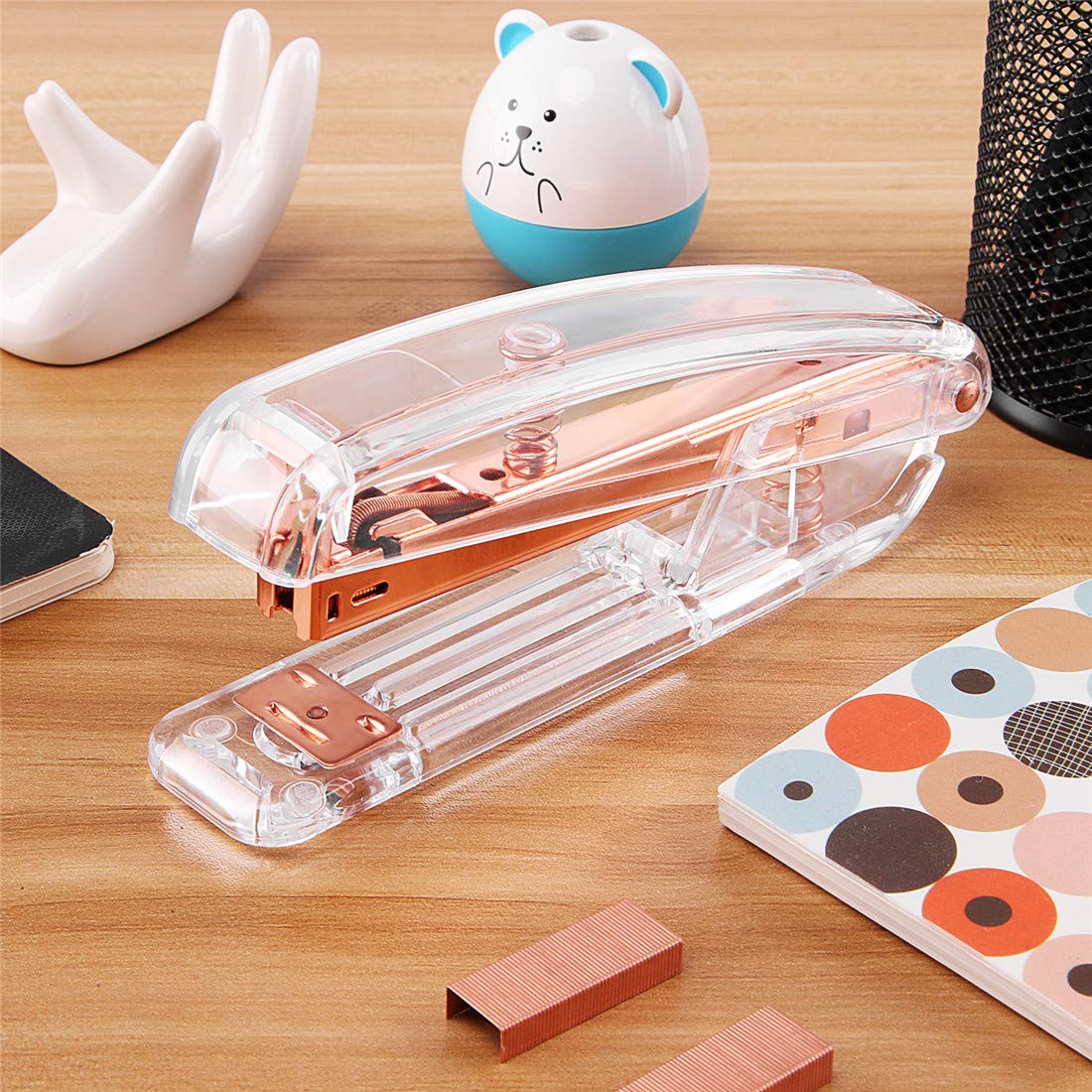 EFISH Agrafeuse de bureau, agrafeuse de bureau à ressort transparent avec agrafes 1000 pièces - Or rose