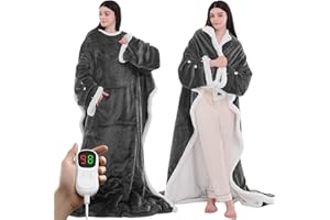 PLOATH Heated Electric Blanket Shawl: Heating Throw Heated Poncho - Wearable Blanket Hoodie Wrap Sherpa with 10 Heat Levels & Multi Heating Time Settings (50x75'' Grey)
