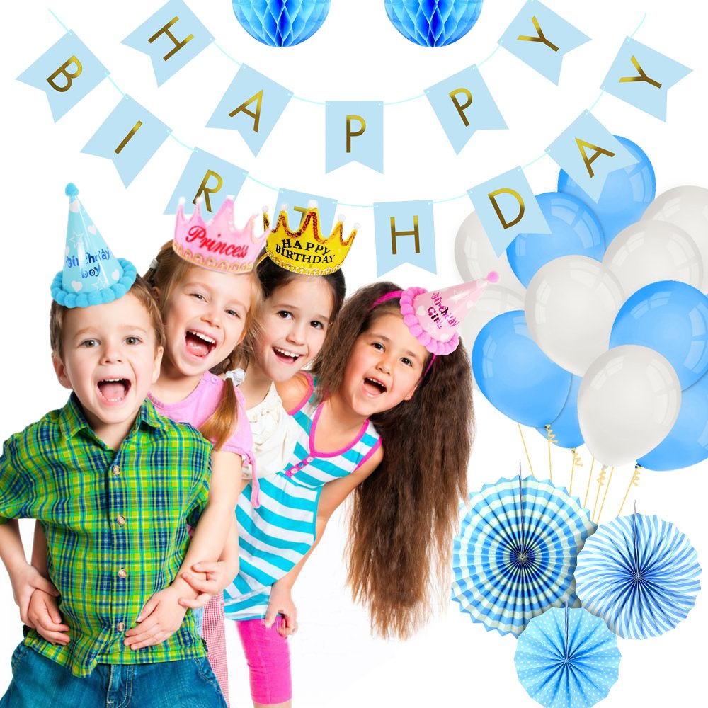 Foonii 22Pièces Happy Birthday Bleu Bannière Tissue Joyeux anniversaire Fête Thème Bleu Boules de Fleur en Papier Lanterne Guirlandes Fanions Kit, Thème Bleu anniversaire Fête