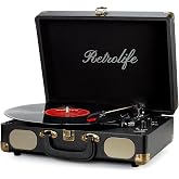 Retrolife&reg; Vinyl Record Player with Speakers, Bluetooth Vinyl Player-Black | Portable, 3-Speed BT Turntable, Belt-Driven, RCA Line Out &amp; Headphone Jack, Auto Stop, Plays 7/10/12" Records, 33/45/78 RPM