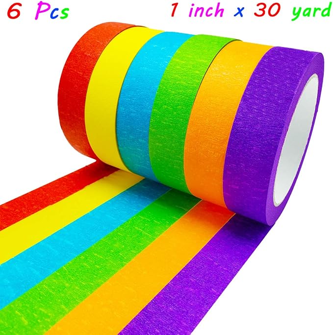 Tockrop Colored Masking Tapes 6 Jumbo Rolls 1 Inch x 30 Yards(24mm X 24.5m) Each