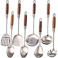18/10 Stainless Steel Kitchen Utensils Set with Wood Handle - 15”Metal Cooking Tools & Serving Utensil, 8-Pieces Cooking Spoons Set - Spatula, Ladle, Skimmer, Turner, Pasta, Solid Spoon, Slotted Spoon