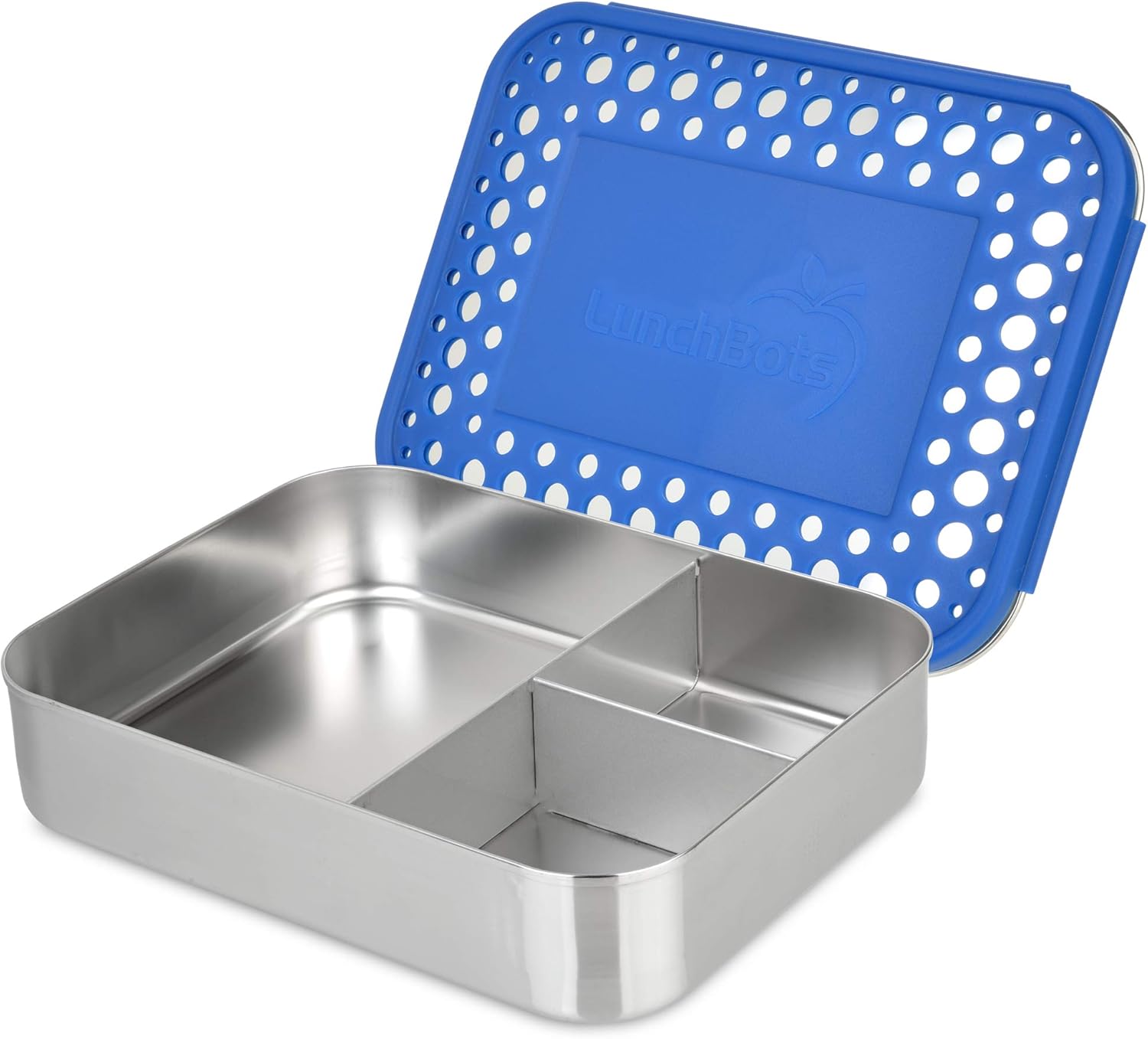 LunchBots Large Trio Stainless Steel Lunch Container -Three Section Design for Sandwich and Two Sides - Metal Bento Lunch Box for Kids or Adults - Eco-Friendly - Stainless Lid - Blue Dots