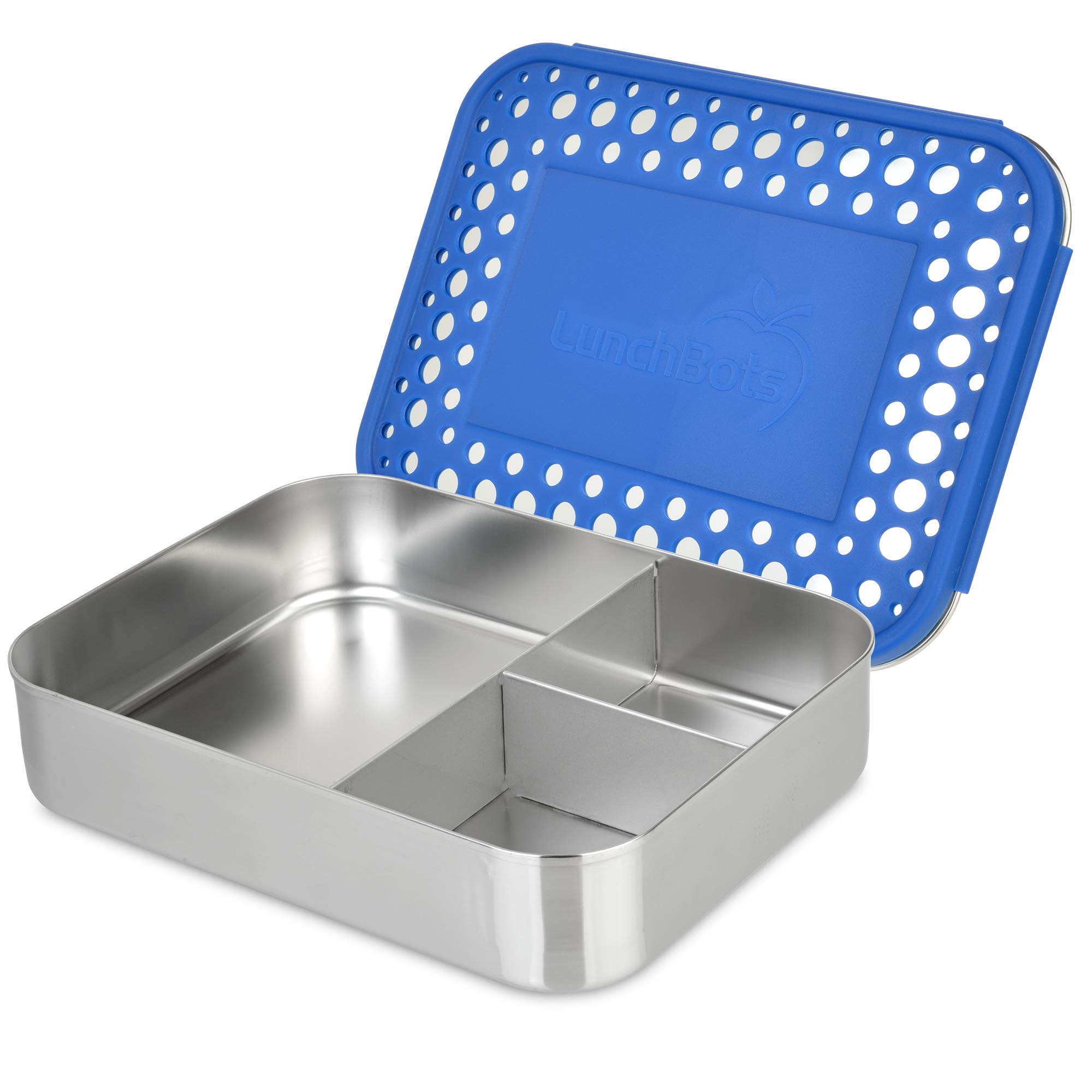 Photo 1 of LunchBots Large Trio Stainless Steel Lunch Container -Three Section Design for Sandwich and Two Sides - Metal Bento Lunch Box - Eco-Friendly - Stainless Lid - Blue Dots
