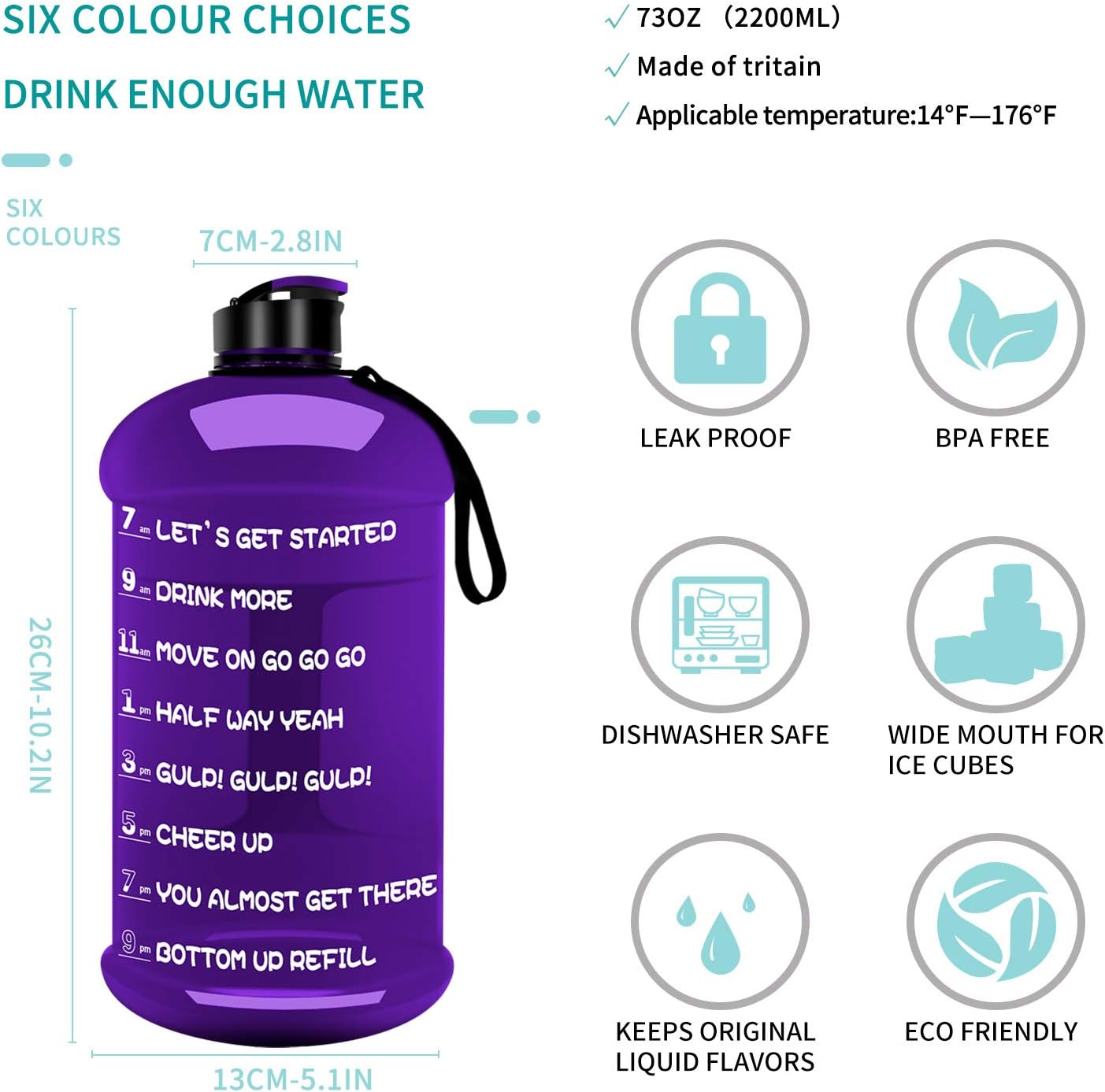 TOOFEEL Dishwasher Safe 2.2L Big Reusable Sports Water Bottle 75oz Half Gallon Water Jug with Mitivational Time Marker Container Large Capacity Canteen BPA Free Leak-Proof for Gym Fitness Athletic