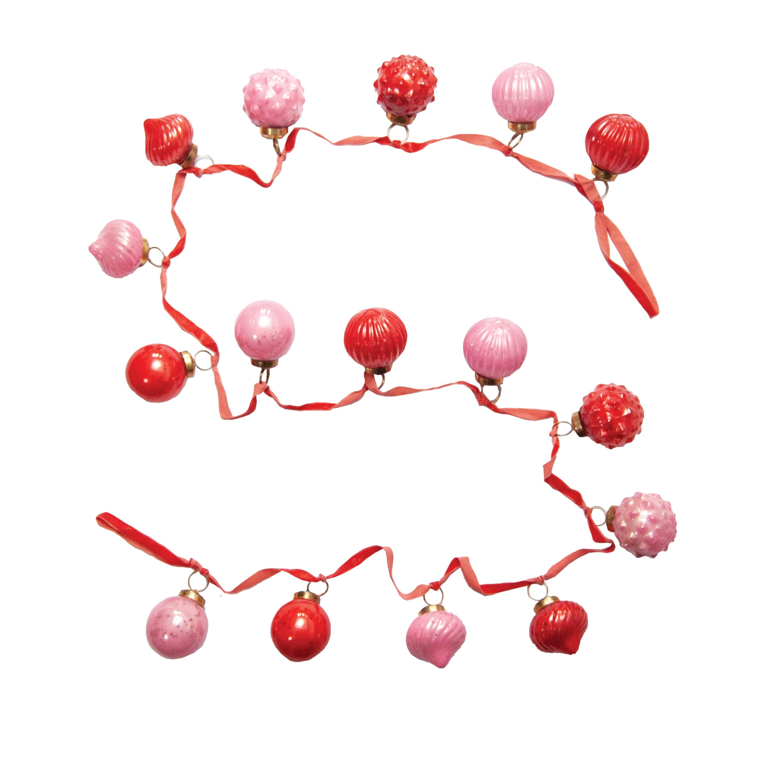 Creative Co-Op Embossed Mercury Glass Ornament Garland with Velvet Ribbon, Pink and Red Image