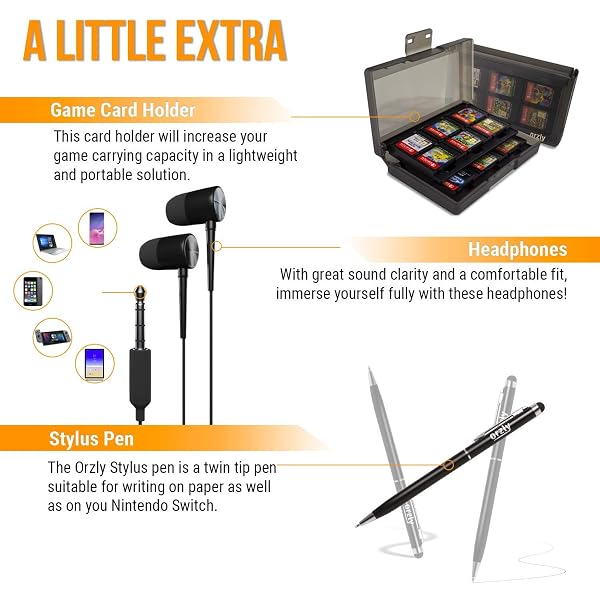 ORZLY ACCESSORY BUNDLE KIT DESIGNED FOR NINTENDO SWITCH ACCESSORIES GEEKS AND OLED CONSOLE USERS CASE AND SCREEN PROTECTOR, JOYCON GRIPS AND WHEELS FOR ENHANCED GAMES PLAY AND MORE – JET BLACK
