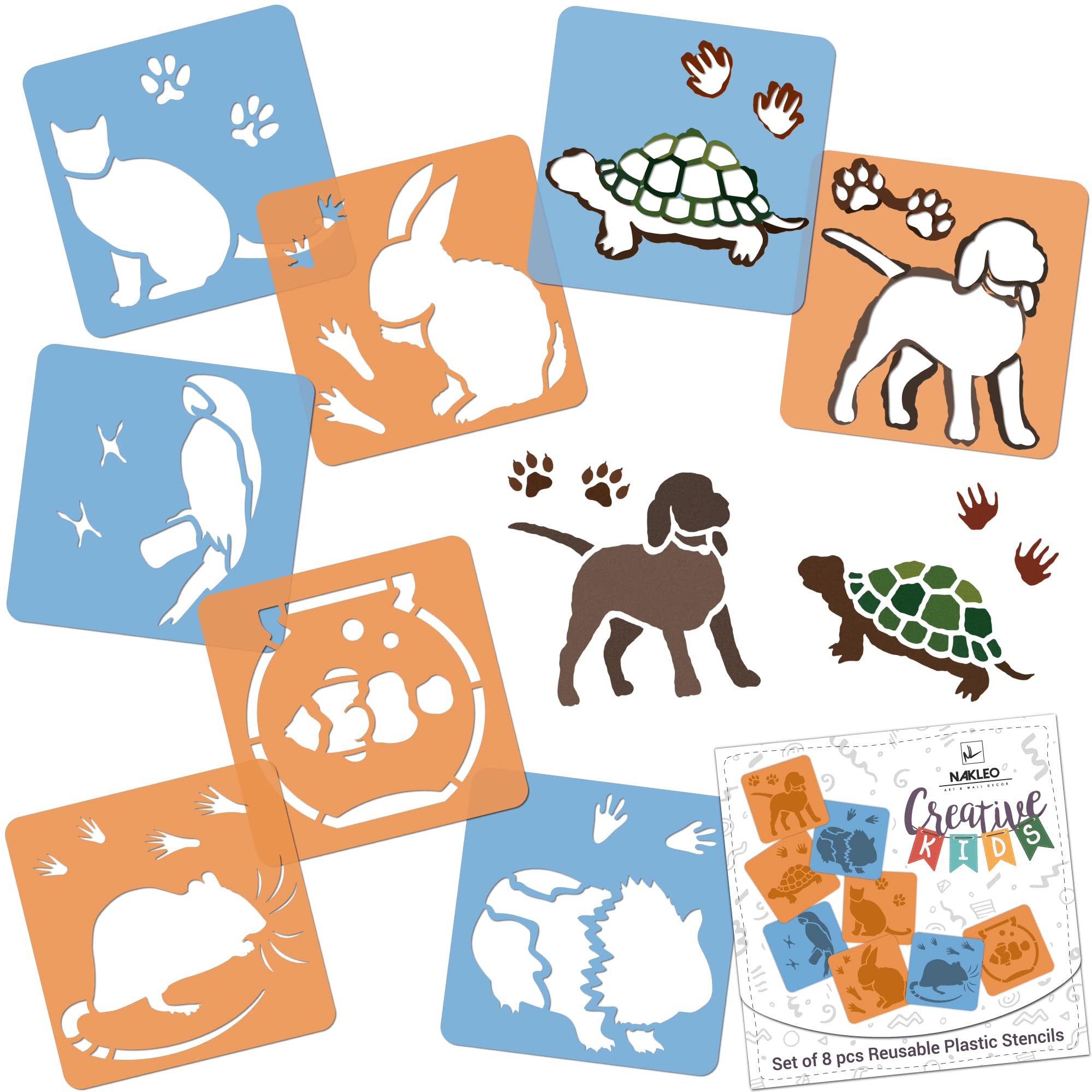 NAKLEO Painting Stencils for Kids, 8 Pcs Set 15x15cm Pets, Children Creative Drawing Templates Plastic and Reusable, DIY Decoration Arts and Crafts, Paper Wall Wood Fabric