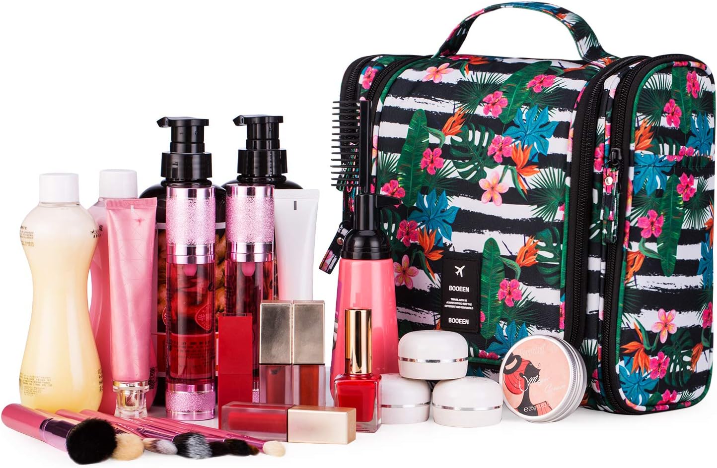 BOOEEN Hanging Travel Toiletry Bag for Women and Girls, Portable Waterproof Cosmetic Travel Bag, 17 Compartments Non-slip zipper, Sturdy Hook, Perfect for Daily use and Travel